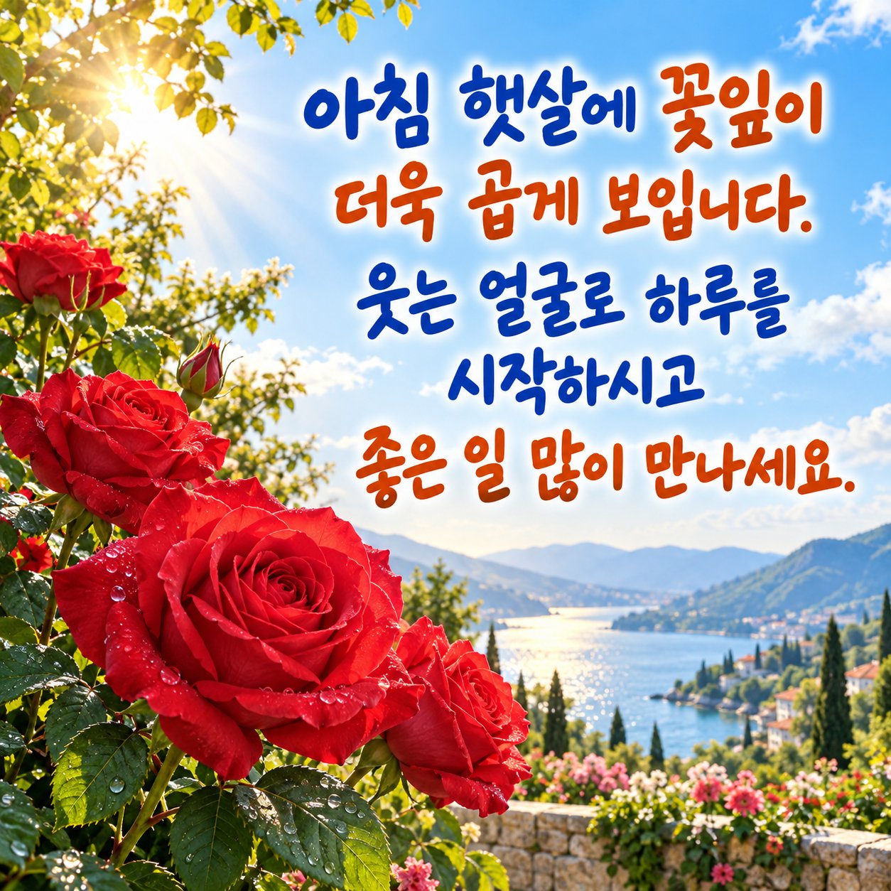 아침에 보내는 카톡 인사말 이미지 2 — 아침 햇살에 꽃잎이 더욱 곱게 보입니다. 웃는 얼굴로 하루를 시작하시고 좋은 일 많이 만나세요.