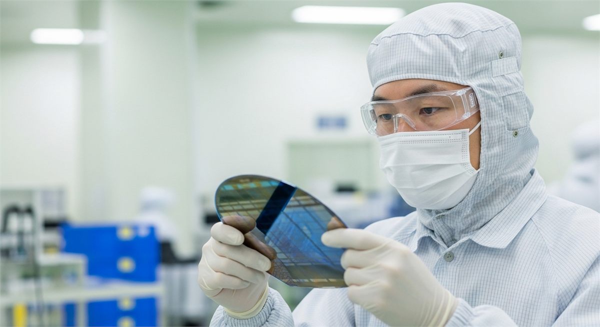 클린룸에서 웨이퍼를 점검하는 한국인 엔지니어 장면 