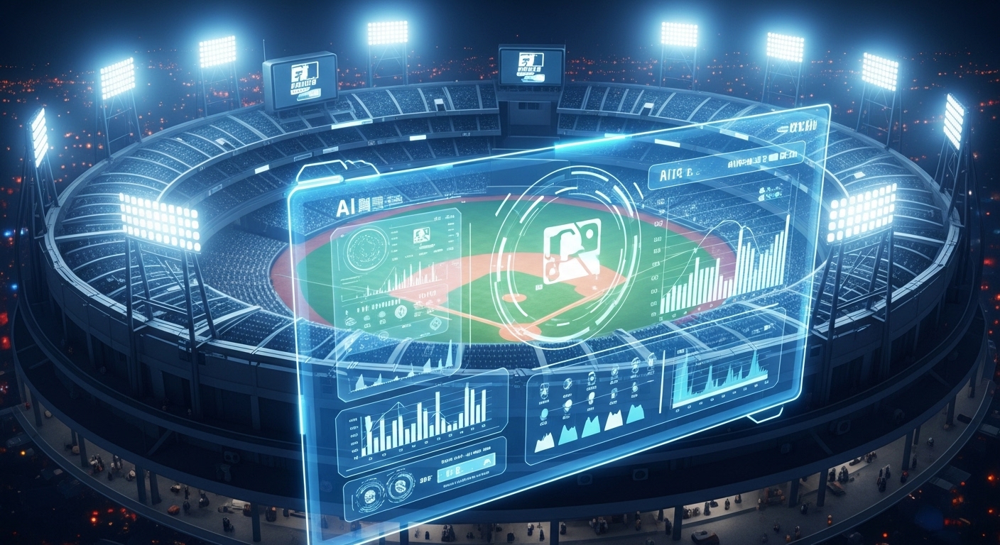 데이터와 AI가 예측한 2026 야구 대표팀 최종 엔트리를 보여주는 미래형 야구 경기장과 디지털 인터페이스.