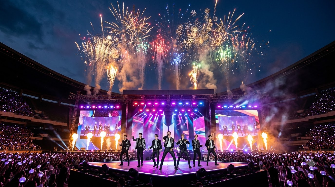콘서트 무대 화려한 특수효과 및 불꽃 연출