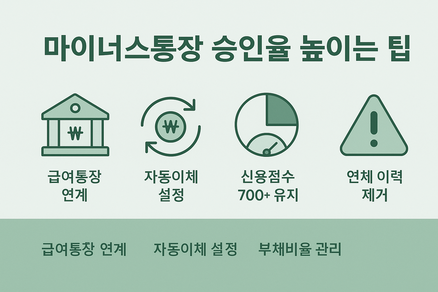 카카오뱅크 마이너스통장 승인률을 높이기 위한 팁으로 급여통장 연계, 자동이체 설정, 신용점수 관리 전략 등을 보여주는 시각 콘텐츠