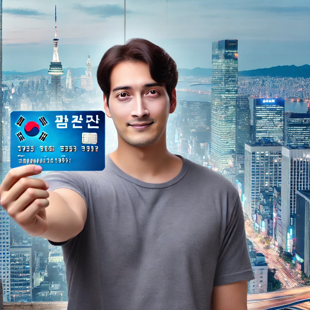 A foreign worker holding up a Korean bankbook with a cityscape in the background