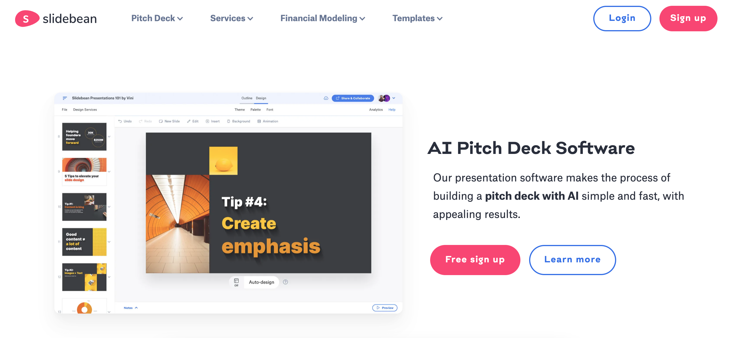 Slidebean (콘텐츠에 최적화된 슬라이드 구성 추천)