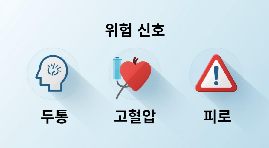 두통, 고혈압, 피로를 나타내는 아이콘과 경고 삼각형 이미지