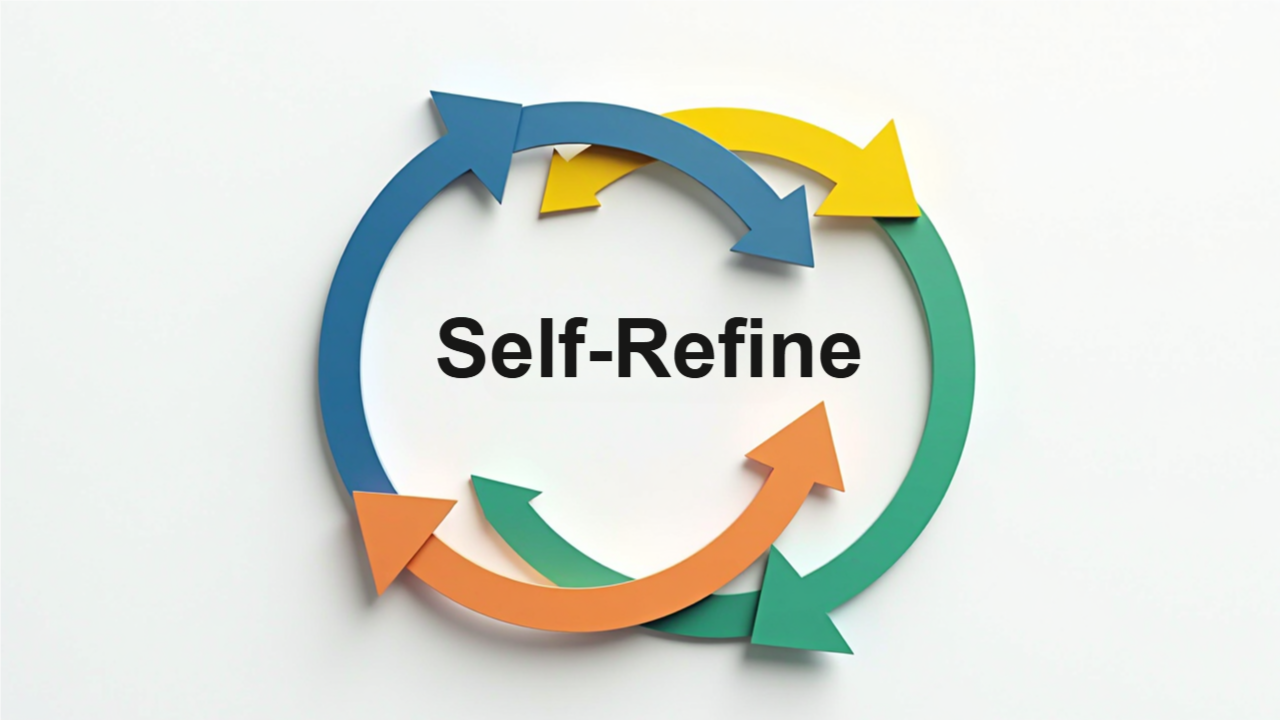 Self-Refine 기법을 보여주는 원형 다이어그램. 생성(파란색), 자가 진단(노란색), 수정(녹색) 단계가 연속적으로 연결되어 있음.