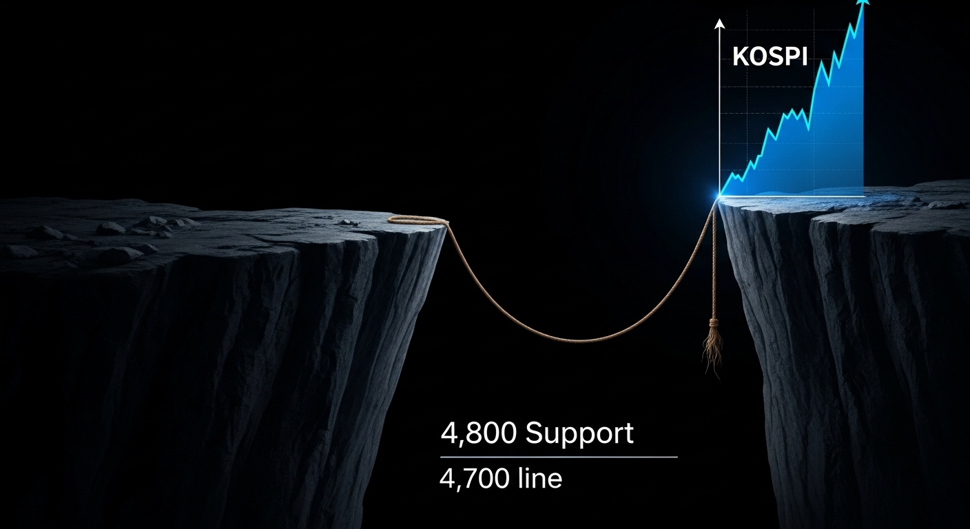 A KOSPI index graph standing at the edge of a cliff. Below is pitch darkness (4,700 line), and a rope labeled '4,800 Support' is precariously hanging on the cliff edge.