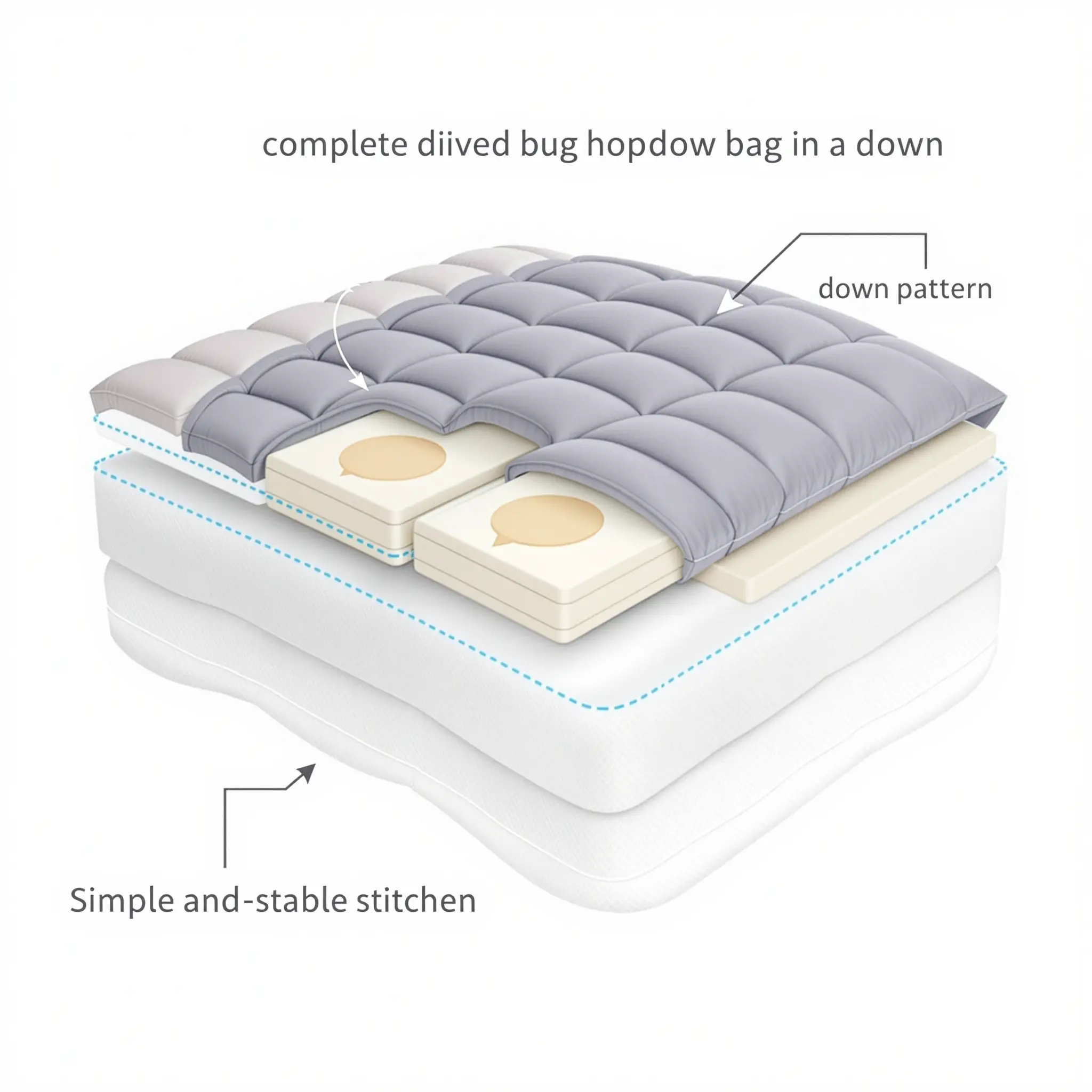 패딩 구조 단면 표현&amp;#44; 다운백 구획이 일정하게 나뉜 구조&amp;#44; 심플하고 안정적인 스티치 패턴