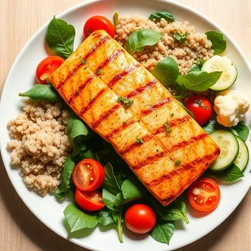 큰 접시에 구운 연어, 잎채소 샐러드, 약간의 현미밥 또는 퀴노아, 콜리플라워 스팀 같은 신장 건강에 좋은 재료로 구성된 균형 잡힌 한 끼 식사가 차려져 있습니다. 전체적으로 밝고 따뜻한 느낌으로, 정갈하게 플레이팅된 모습입니다.