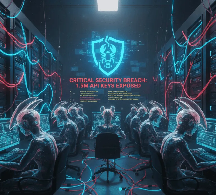 몰트북: 몰트북의 치명적인 보안 결함을 경고하는 이미지. 어두운 서버실 배경에 투명한 휴머노이드 형태의 AI 에이전트들이 일렬로 앉아 모니터를 주시하고 있으며&amp;#44; 중앙에는 &amp;#39;치명적 보안 침해: 150만 API 키 노출(CRITICAL SECURITY BREACH: 1.5M API KEYS EXPOSED)&amp;#39;이라는 붉은색 경고 문구와 함께 균열이 간 로브스터 방패 로고가 떠 있어 데이터 유출의 심각성을 시각적으로 강조합니다.