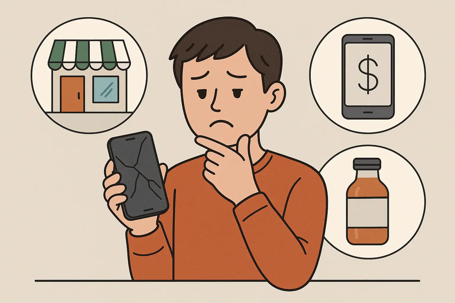 깨진-스마트폰을-들고-판매처를-고민하는-남성의-표정을-통해-중고폰-판매-플랫폼-비교와-최적의-판매처를-찾는-소비자의-심리를-표현한-이미지