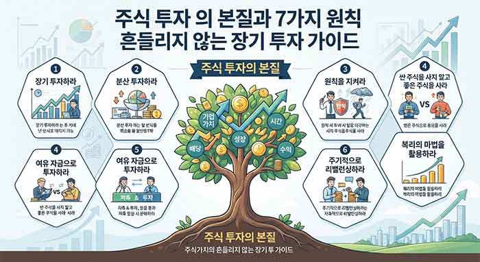 주식 투자의 본질과 7가지 장기 투자 원칙 인포그래픽.