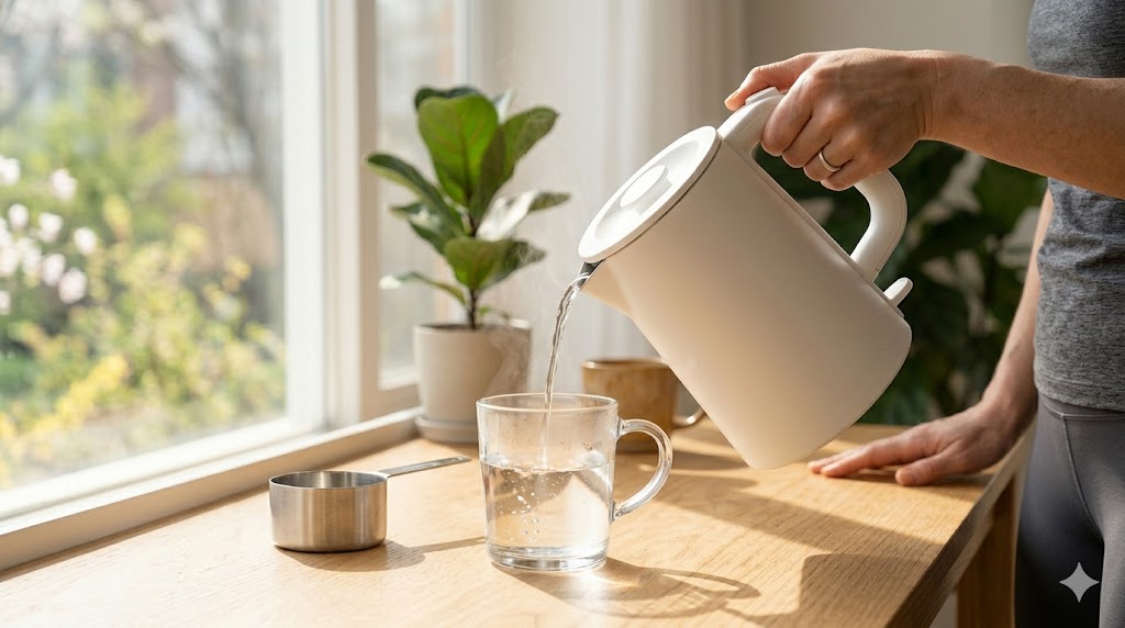 "전기포트에서 컵으로 뜨거운 물을 먼저 붓고 그 위에 찬물을 섞어 음양탕을 만드는 과정을 보여주는 깔끔한 주방 배경의 실사 이미지. 노폐물 배출과 혈액 순환에 도움을 주는 올바른 물 마시기 방법 설명."