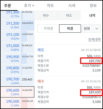 주문 체결가격 확인 화면