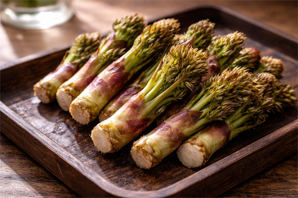 통통한 어린 두릅 순이 벌어지기 전 상태로 담긴 모습