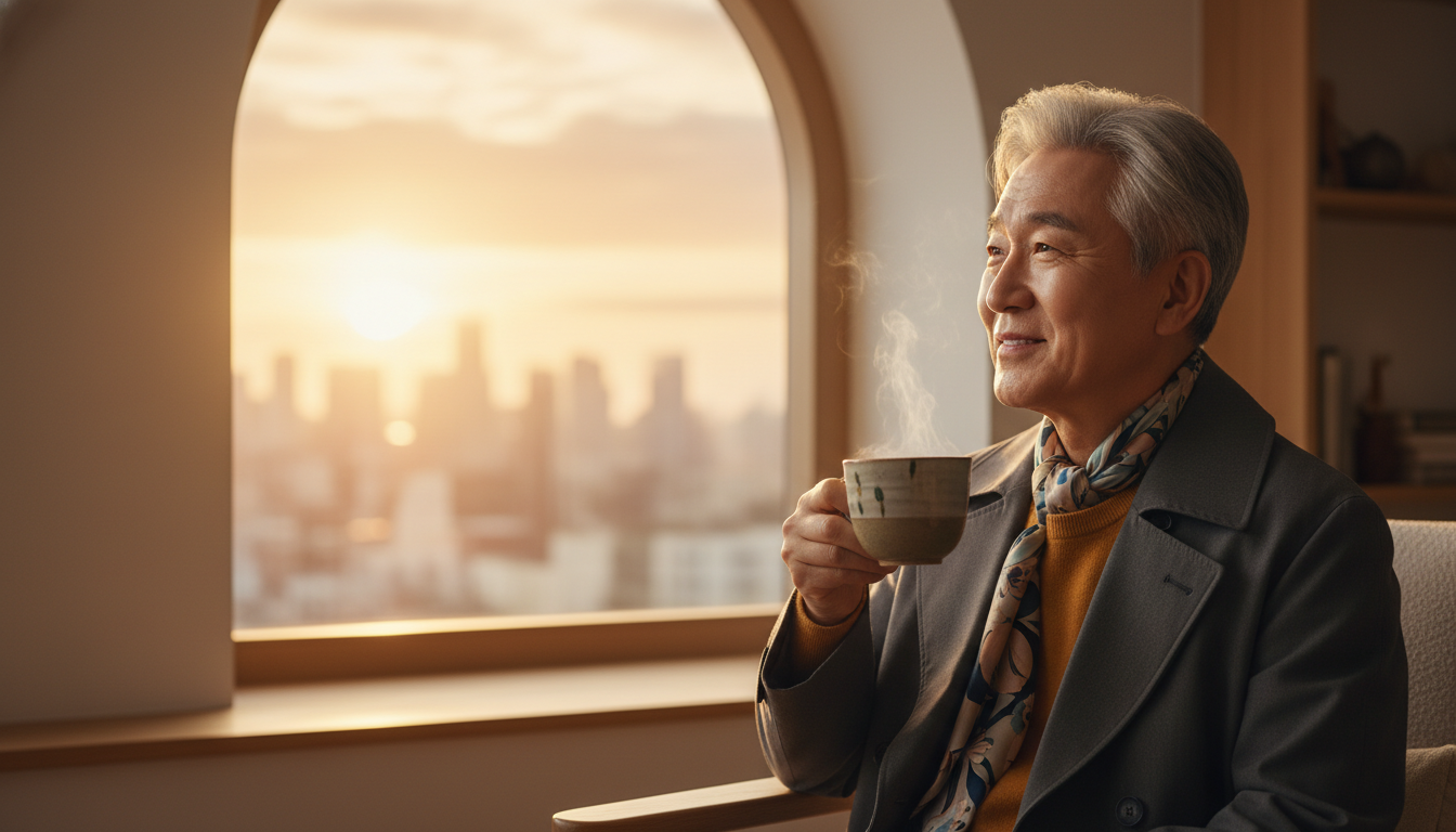 따뜻한 커피잔을 들고 밝은 창밖을 희망찬 표정으로 바라보는 한국인 노신사의 에디토리얼 사진, 얼굴을 비추는 따스한 아침 햇살, 부드럽고 우아한 그림자.