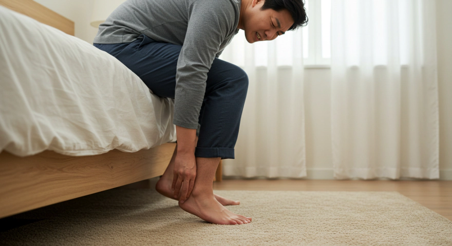 침대에서 일어나 첫발을 디딜 때 얼굴을 찡그리는 남성