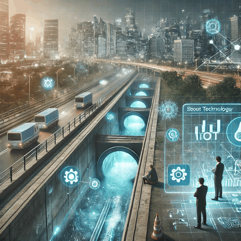 스마트 배수시설과 최첨단 기술이 접목된 도시 배수 시스템을 묘사한 모습