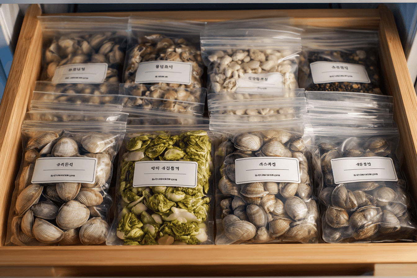 지퍼팩에-여러종류의-바지락들이-담겨있는-이미지