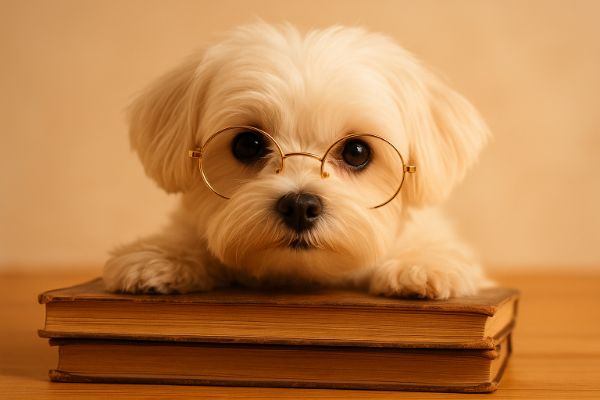 똑똑해 보이는 말티즈가 턱을 책 더미에 괴고 생각에 잠긴 듯 카메라를 응시하는 모습. 따뜻하고 부드러운 실내 조명이 비칩니다