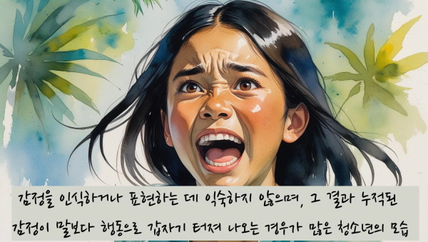 감정을 인식하거나 표현하는 데 익숙하지 않으며, 그 결과 누적된 감정이 말보다 행동으로 갑자기 터져 나오는 경우가 많습니다에 관한 그림