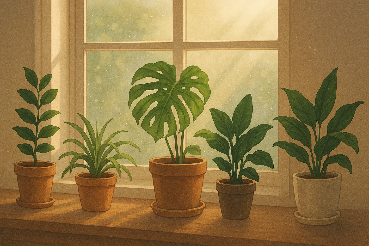 실내 식물과 빛이 어우러져 공기와 감정이 함께 정화되는 느낌을 표현한 감성 일러스트