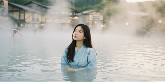 노보리베츠온천에서 온천을 즐기는 여성 이미지