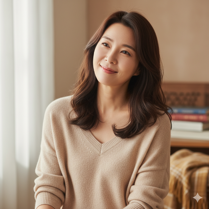 오트밀색 캐시미어 블렌드 V넥 니트를 입고 편안하게 미소 짓는 40대 여성의 상반신