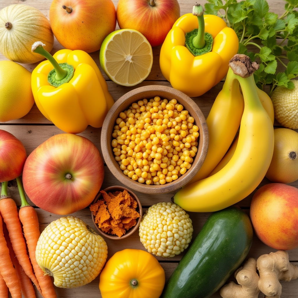 병아리콩, 강황, 진저, 옥수수 등 옐로우 색상의 푸드가 다양하게 배치되어 있는 모습
