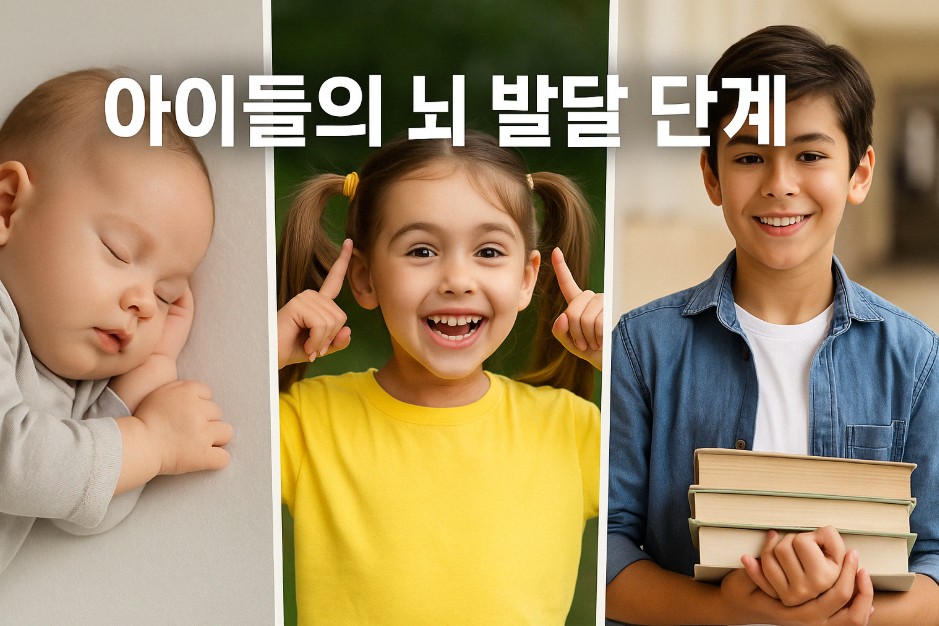 각각 영아기, 유아기, 청년기를 상징하는 세 명의 아이들이 등장한다. 영아는 자고 있는 모습, 유아는 장난기 있는 모습, 청년은 책을 들고 있는 모습이다. 상단에는 "아이들의 뇌 발달 단계"라는 문구가 강조되어 삽입되어 있다.