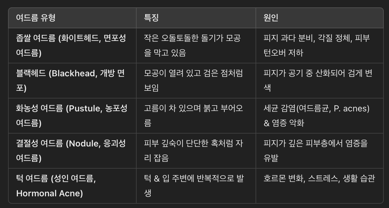 여드름 유형별 원인 & 특징