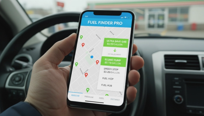 주변 주유소의 실시간 유가를 비교해주는 스마트폰 앱 화면. 운전자가 앱을 통해 가장 저렴한 주유소를 찾고 있습니다.