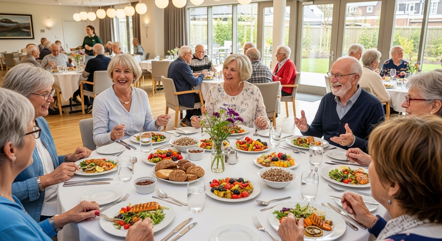 실버타운 식당에서 신선하고 맛있는 음식을 함께 즐기며 담소 나누는 노인들, 활기찬 식사 시간을 나타냄.