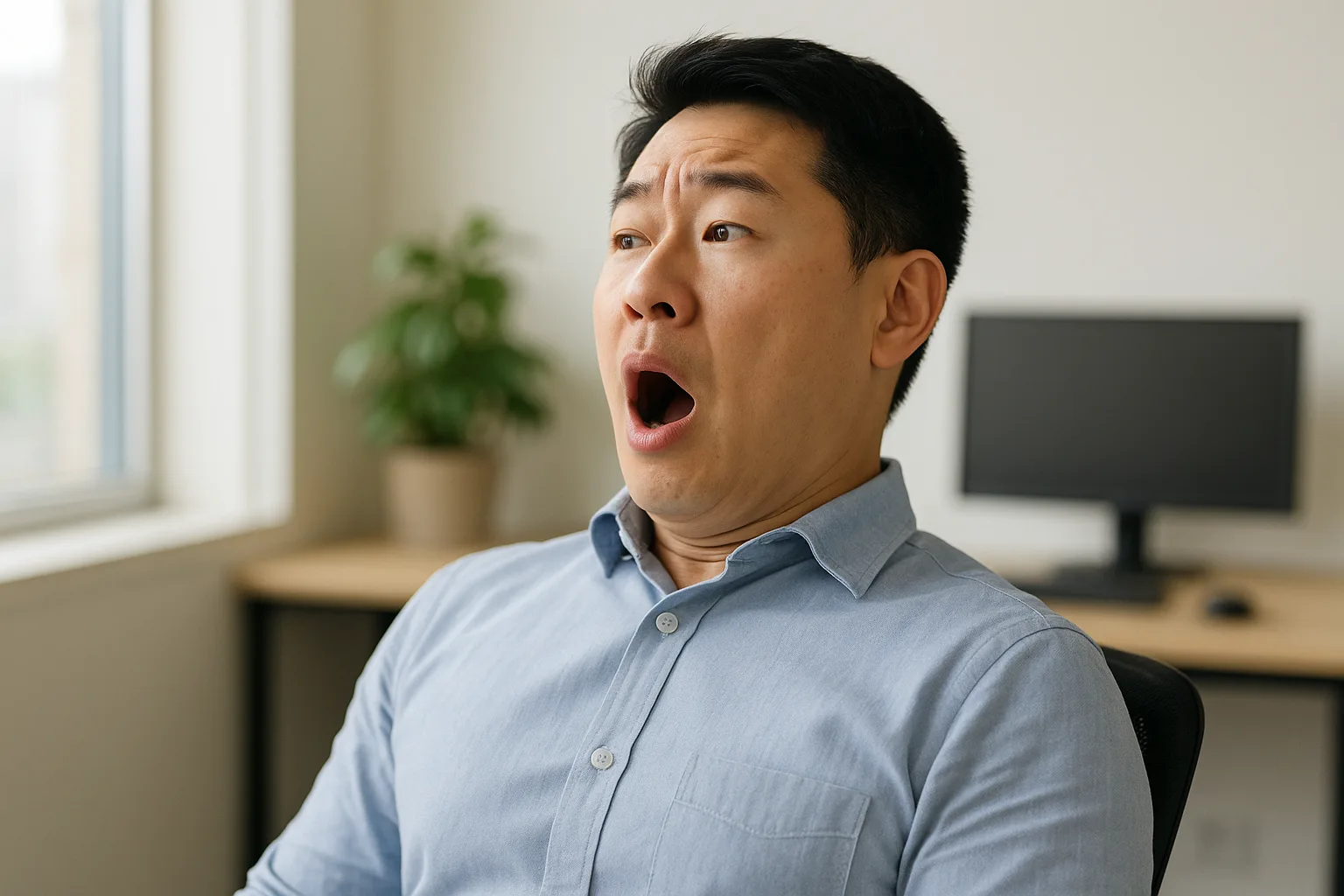한국인 남성이 의자에 앉아 하품을 하며 고개를 약간 젖히는 순간, 목 뒤에서 ‘뚝’ 소리가 나는 듯 놀란 표정