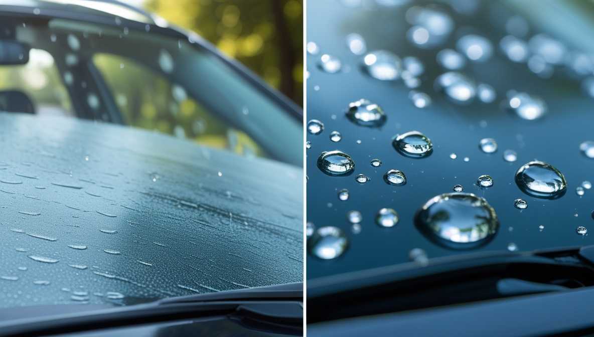 왼쪽은 유막 때문에 물이 넓게 퍼져있는 유리창, 오른쪽은 유막 제거 후 물방울이 또렷하게 맺혀있는 유리창을 비교하는 사진
