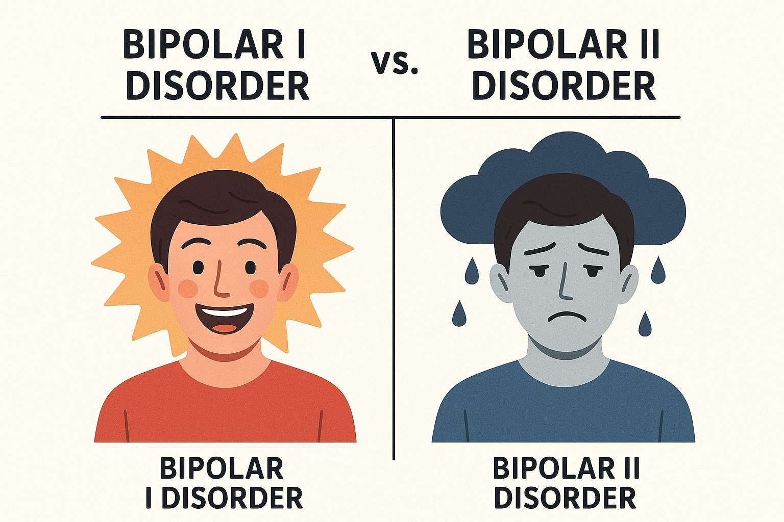 양극성 장애의 정의
기분이 비정상적으로 고양된 상태인 조증과 비정상적으로 우울한 상태인 우울증이 주기적으로 반복되는 만성적인 기분 장애

양극성 장애 I형과 양극성 장애 II형 두 유형은 삽화의 종류와 정도에 따라 구분됨