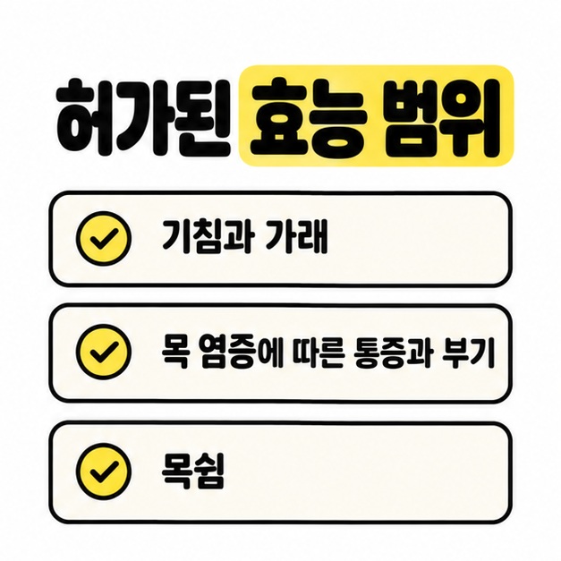 기침과 가래, 목 염증에 따른 통증과 부기, 목쉼을 용각산의 허가된 효능 범위로 정리한 안내