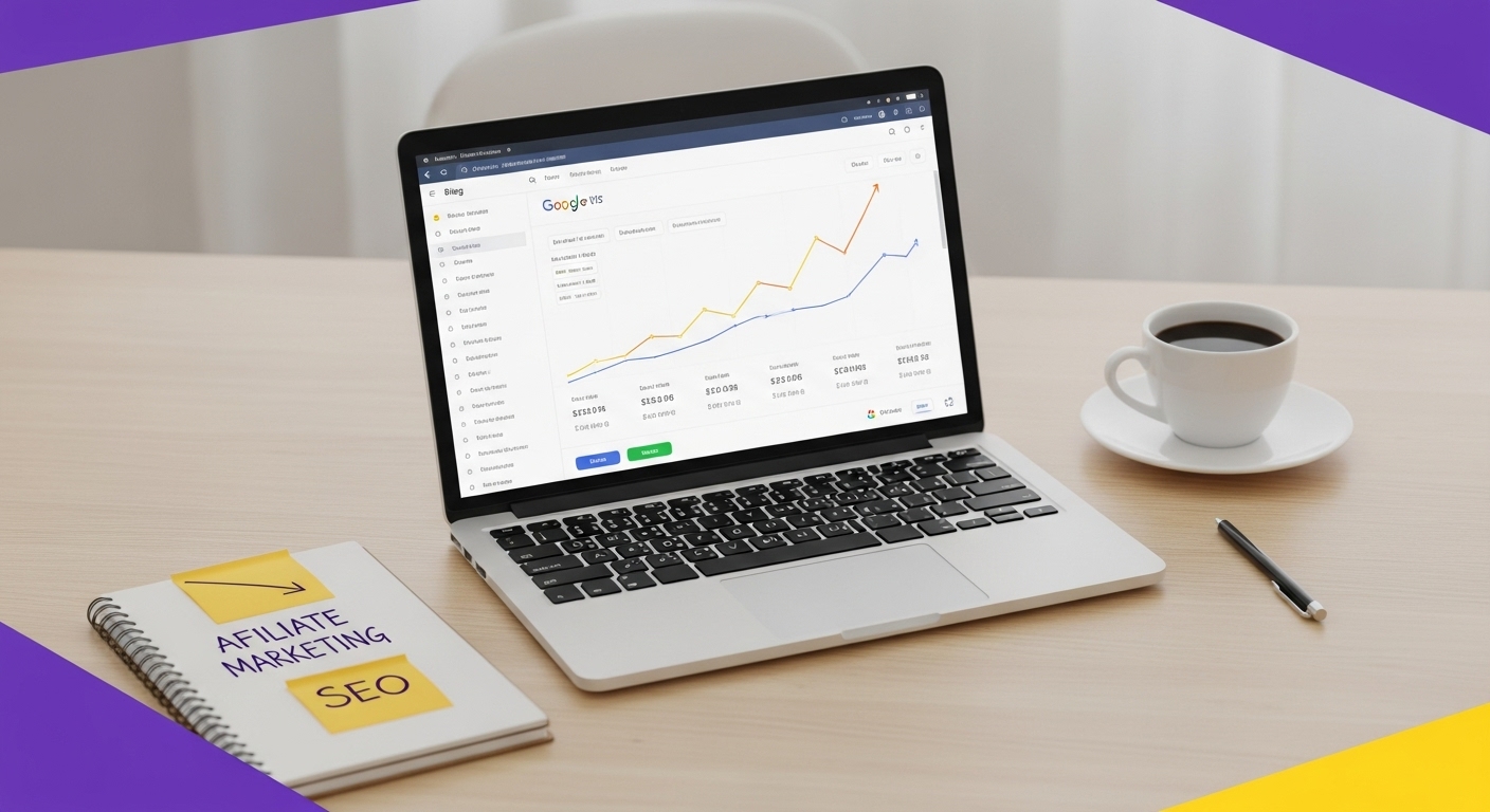 블로그 수익과 방문자 증가 추세를 보여주는 노트북 화면, 제휴 마케팅과 SEO 관련 메모가 있는 밝은 작업 공간