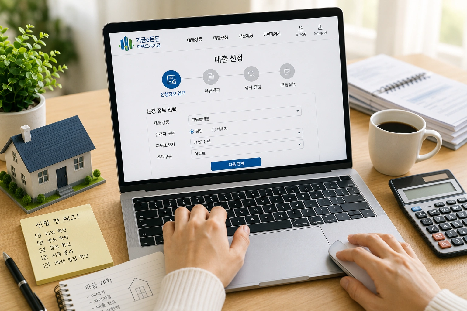 디딤돌대출 온라인 신청을 위해 노트북에서 신청 절차를 확인하며 자금 계획을 준비하는 모습