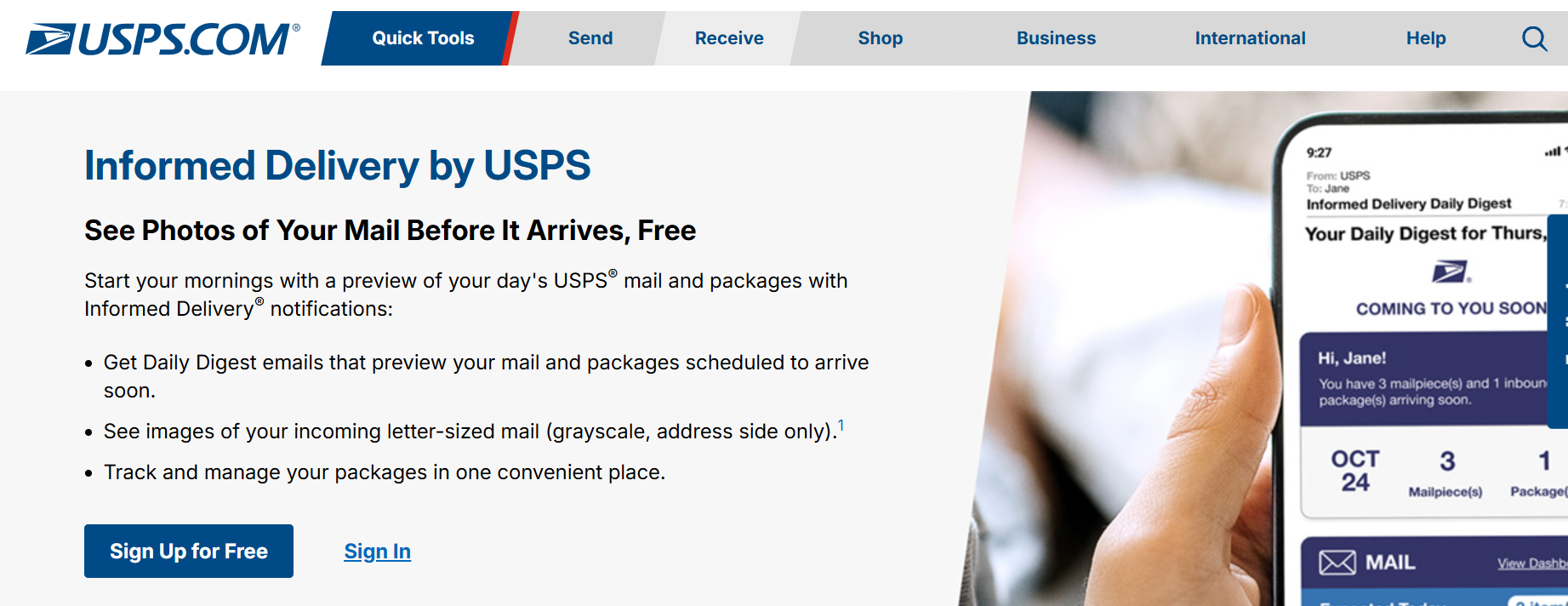 USPS Informed Delivery 공식 페이지(informeddelivery.usps.com) 이미지