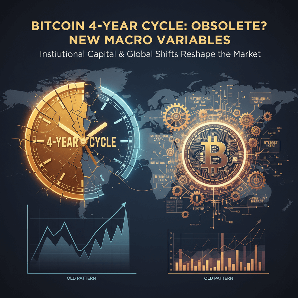 비트코인 4년 주기 무용론과 새로운 거시 경제 변수(기관 자본, 금리 등)가 시장을 재편하는 모습을 시계, 비트코인 로고, 차트로 시각화한 이미지