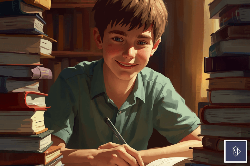 a boy studying happily