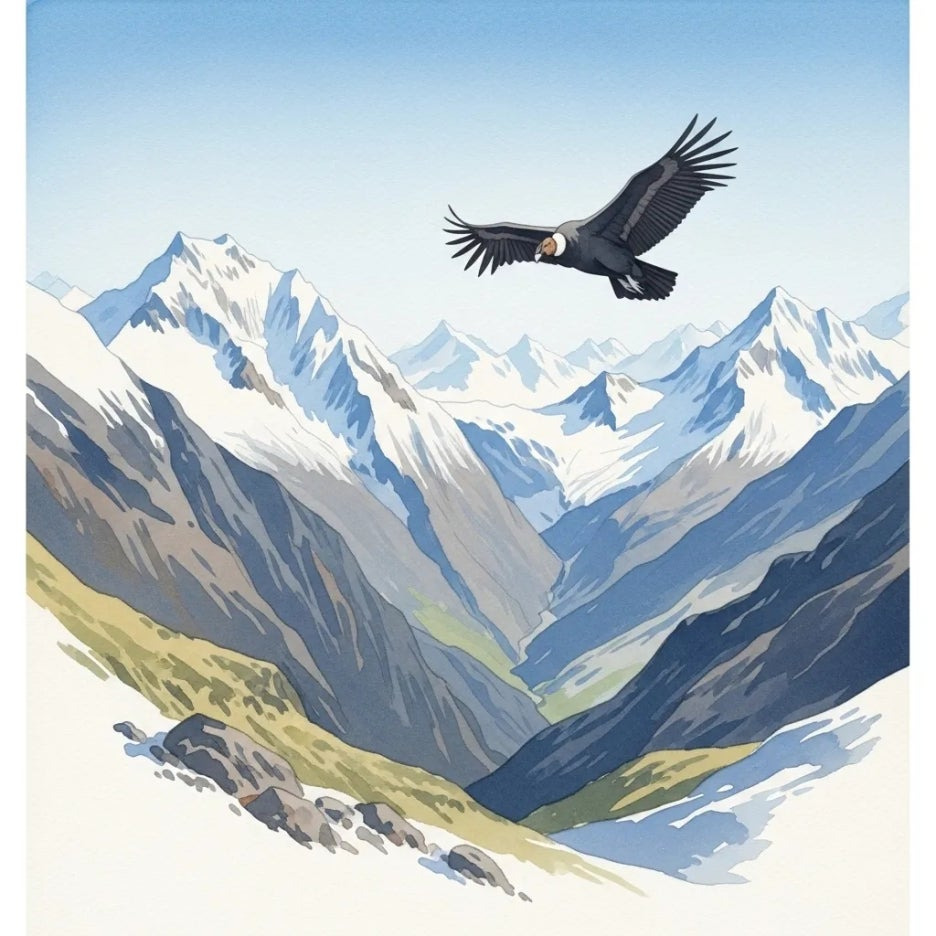 눈 덮인 안데스 산맥 위를 비행하는 안데스콘도르.