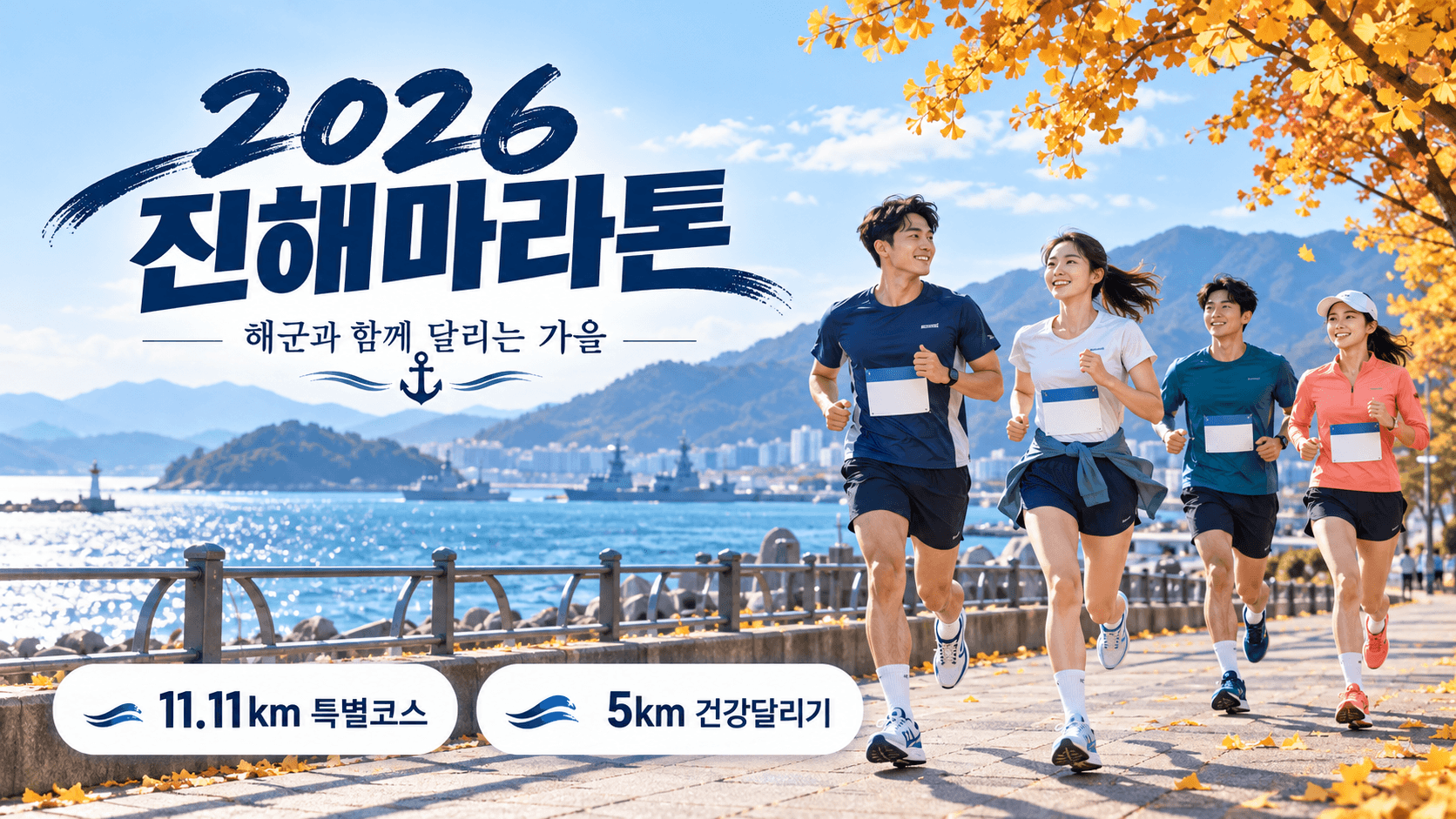 가을 바닷가를 달리는 러너들과 11.11km 특별코스·5km 건강달리기 안내를 담은 2026 진해마라톤 소개 일러스트.
