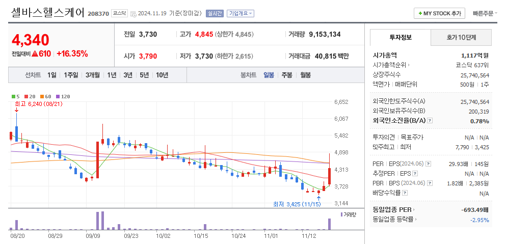 셀바스헬스케어 일봉차트
