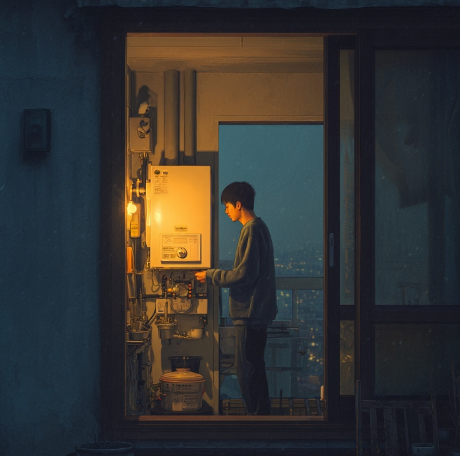 보일러실 보일러 점검중인 학생