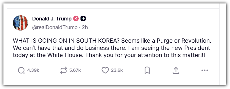트루스 소셜 트럼프 한국 발언 내용