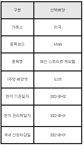 미국주식 선택배당 MAIN 메인 스트리트 캐피털