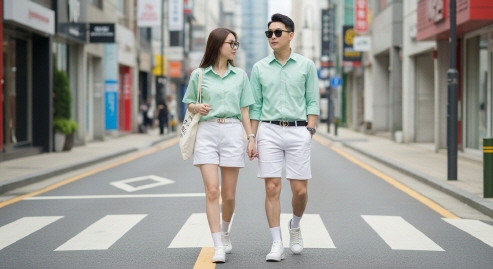 민트색 셔츠와 흰색 반바지를 입은 커플의 거리 산책