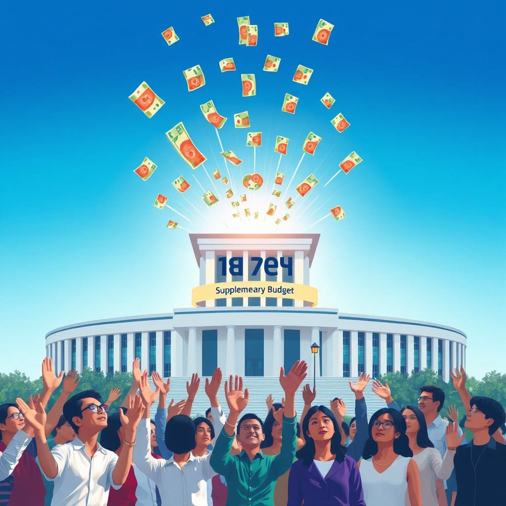 정부 청사 건물이나 국회 건물을 배경으로, 그곳에서 빛이나 지원금이 흘러나와 국민들에게 전달되는 모습을 그립니다. '추경 예산'이라는 단어를 연상시키는 디자인 요소나 정부의 상징을 작게 포함할 수 있습니다. 신뢰와 정책 집행의 느낌을 전달합니다.