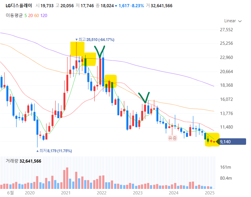 LG디스플레이의 과거 5년 주가 변동 그래프